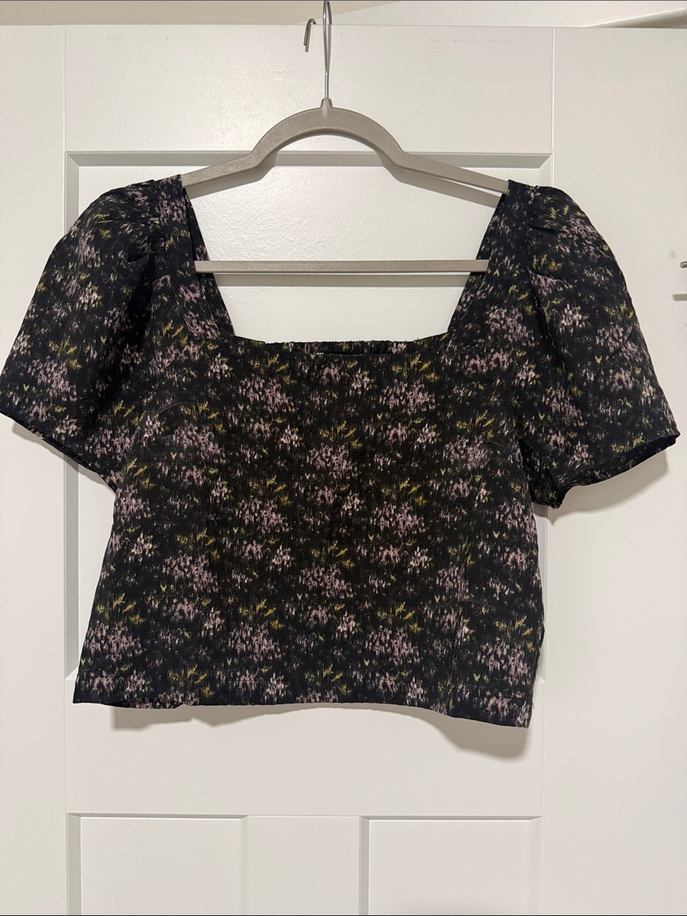 Madewell Black Floral Square-Neck Puff Sleeve Crop Top